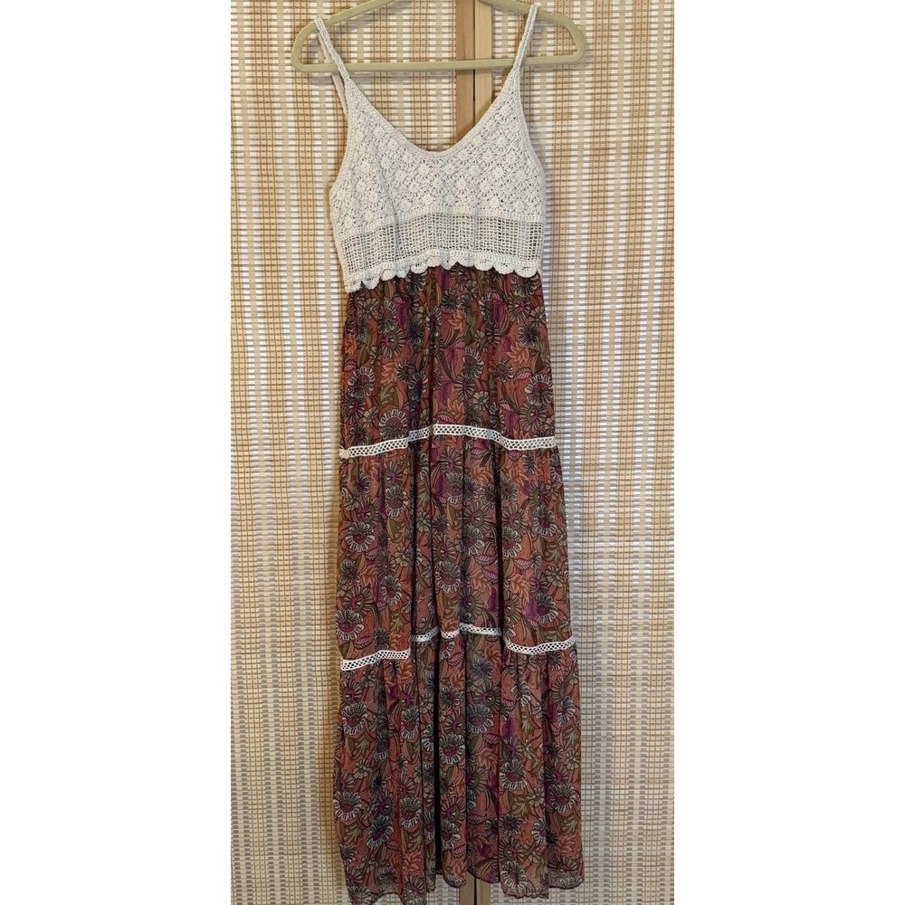Taylor Crochet Bodice Floral Maxi Dress in Cream and Rust